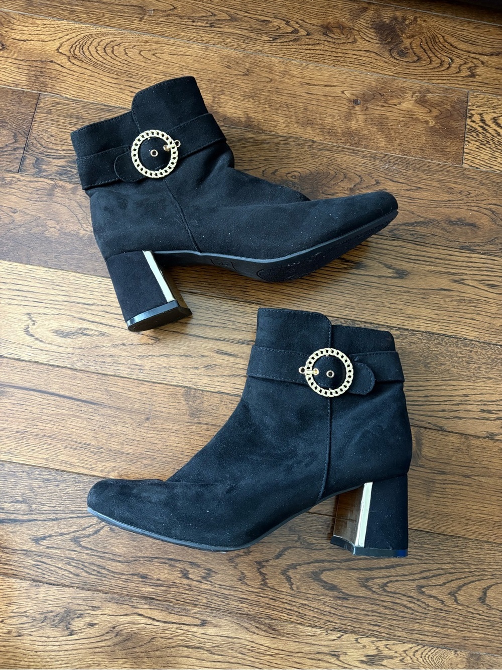 Jones New York Black Faux Suede Ankle Booties with Gold Accent Buckle Size 7